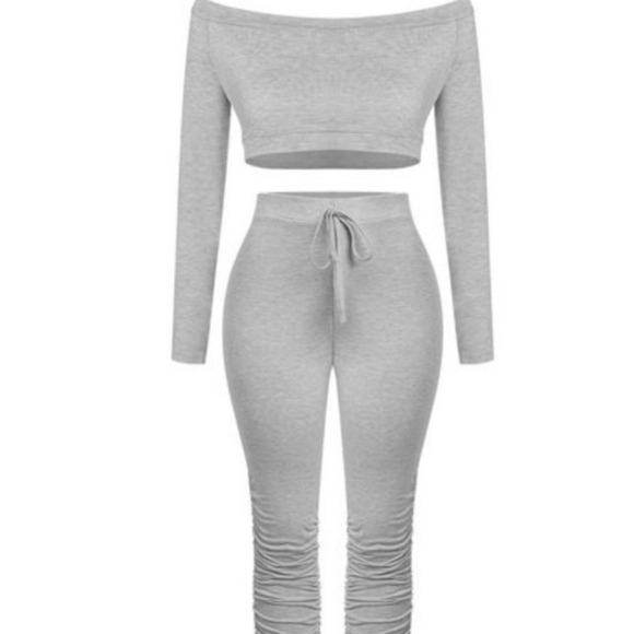 New without Tags Gray Croptop Drawstring Stacked Pants Set Outfit Women Size XXL - Picture 2 of 3